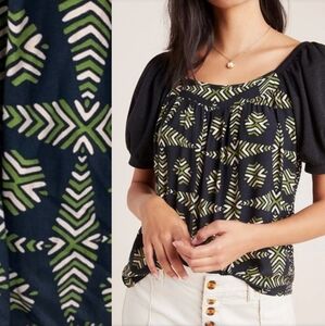 Maeve Catania Puff Sleeve Blouse Black Green XSmall Anthropologie